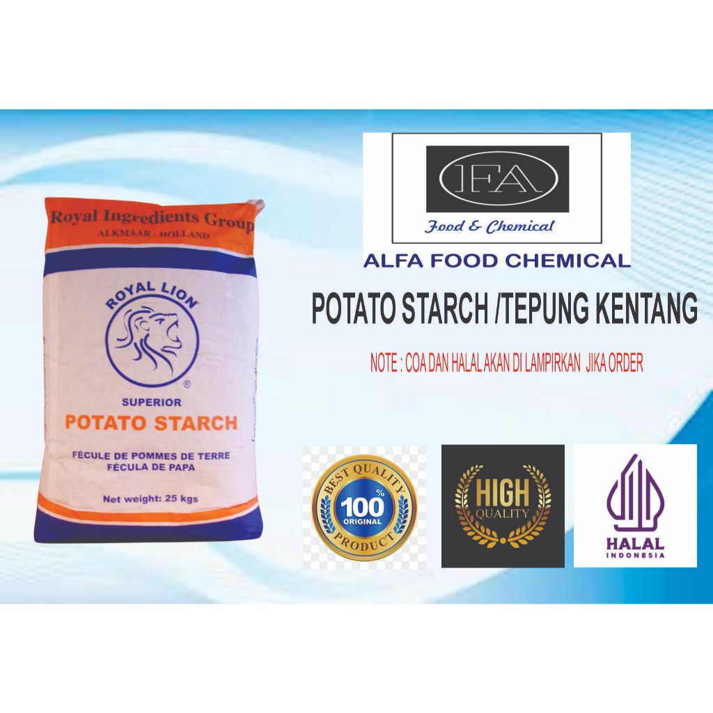 

POTATO SATRCH MERK ROYAL LION/TEPUNG KENTANG/ UKURAN 1 KG DAN 25 KG BERSERTIFIKAT HALAL