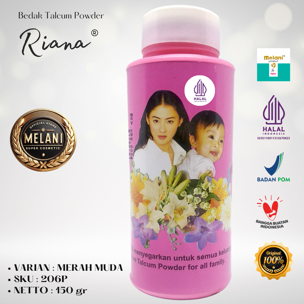 206P Bedak Riana by Melani Botol Plastik Pink 150 gram - BPOM dan HALAL Terdaftar