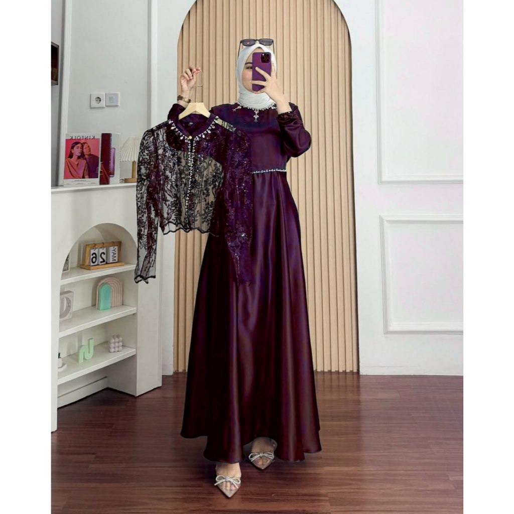 Sakura Dress Gamis Brokat Terbaru 2025 Set Outer Bahan Silk Premium Mix Payet Warna Burgundy Mahogan