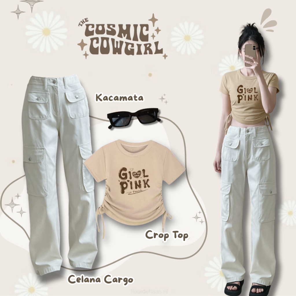 Outfit Cewek 3in1 Trendy ( Kacamata + Crop Top + Celana Cargo ) Setelan Remaja Casual Baju Wanita Ga
