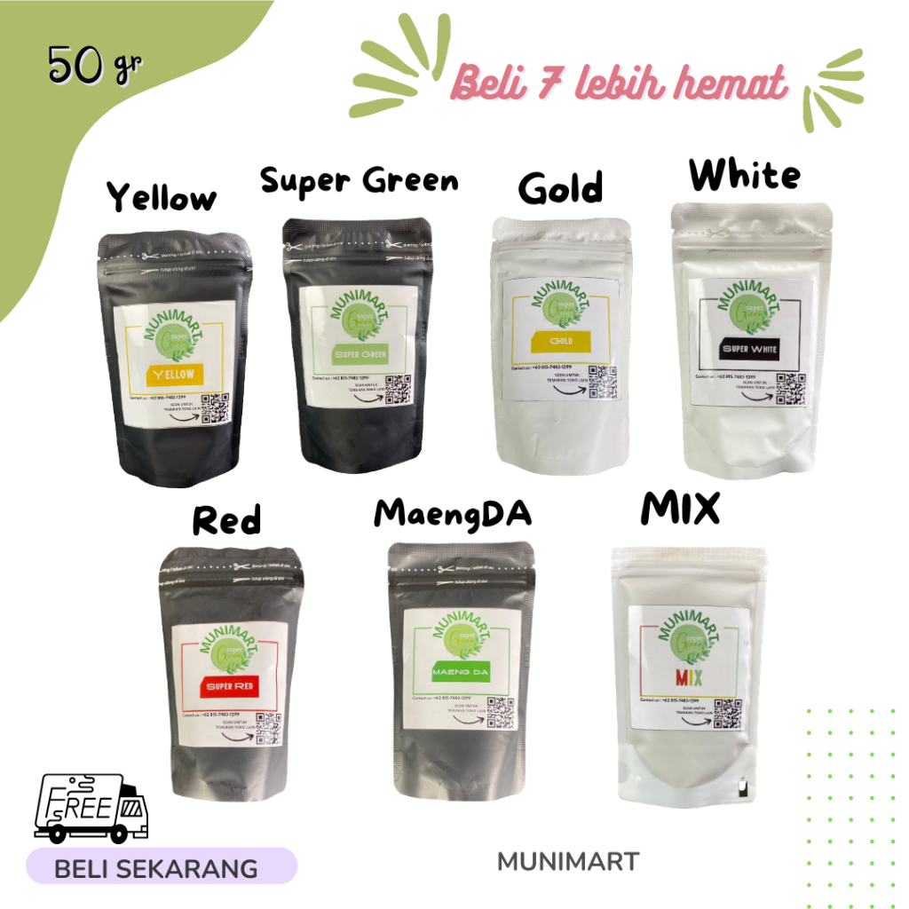 

Paket lengkaap belii 50gram dapat 7jenis(green,white,red,gold,maengda,yelow,mix)