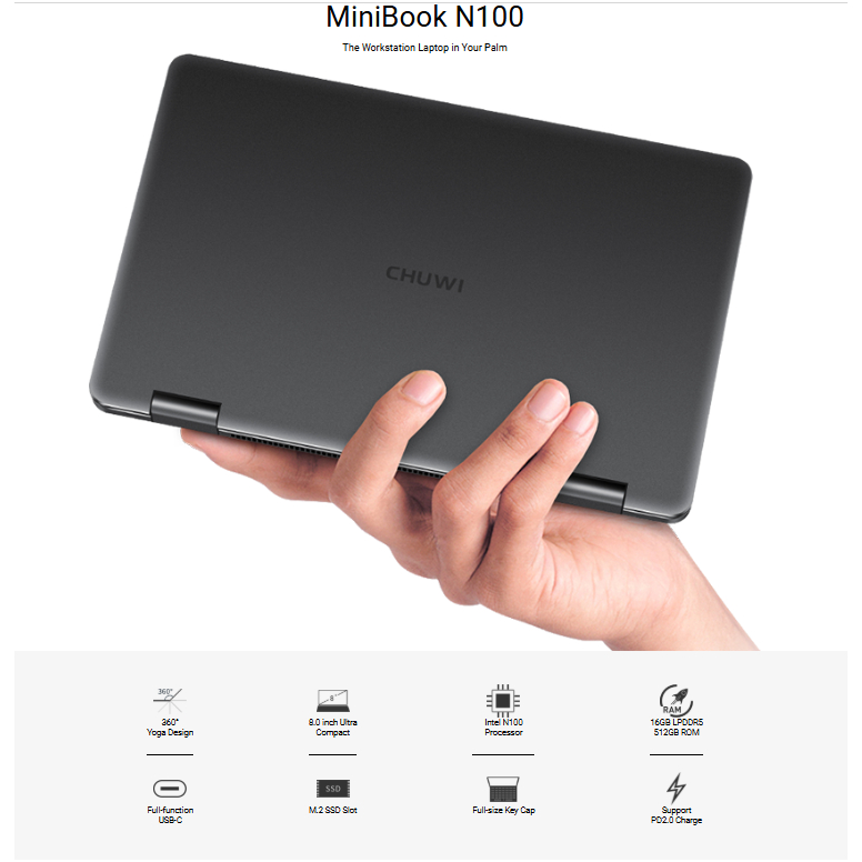 Chuwi MiniBook 2024 Intel N100 16/512GB SSD NVMe WiFi6 8" UltraMini Yoga Laptop Windows 11
