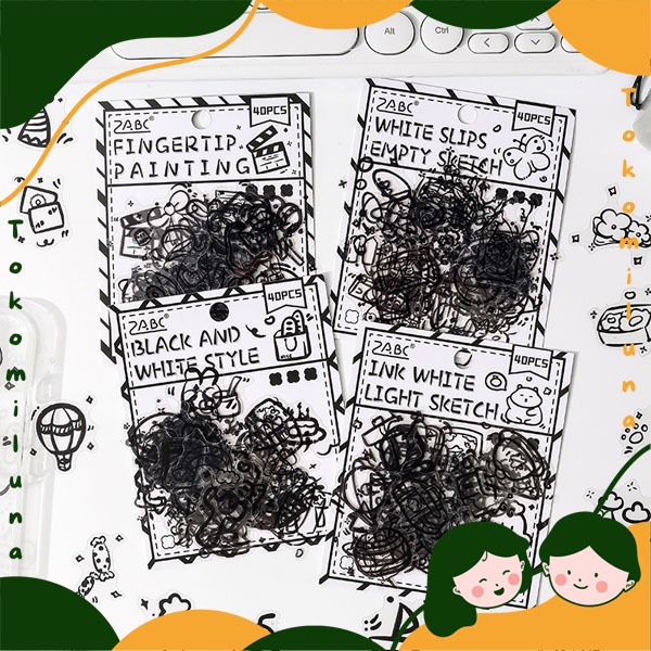 

1 set isi 40 pcs black tone sketch sticker cute aesthetic journaling scrapbook lucu deco sticker monochrome hitam putih HB1978