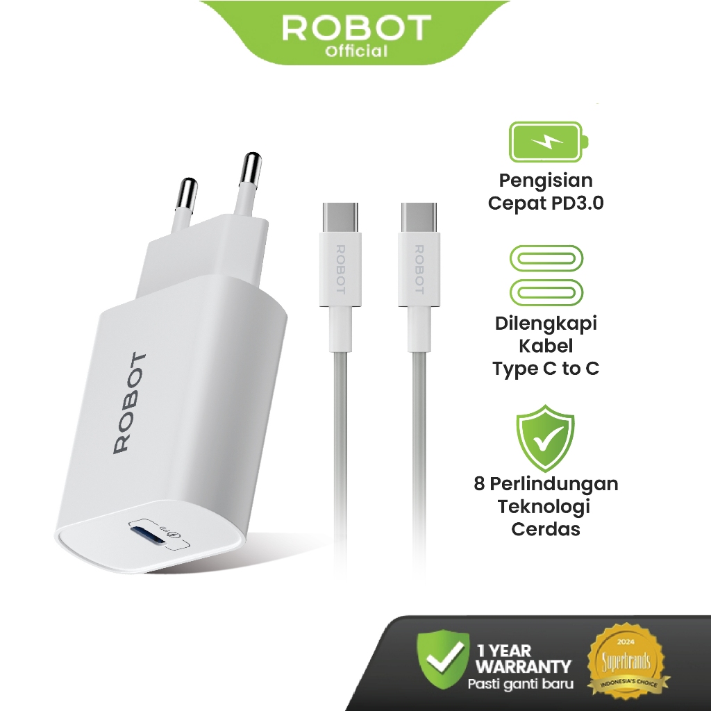 ROBOT Adaptor Charger 20W PD 3.0 USB C Fast Charging iPhone & Samsung Type C Free Kabel C to C RT-L6