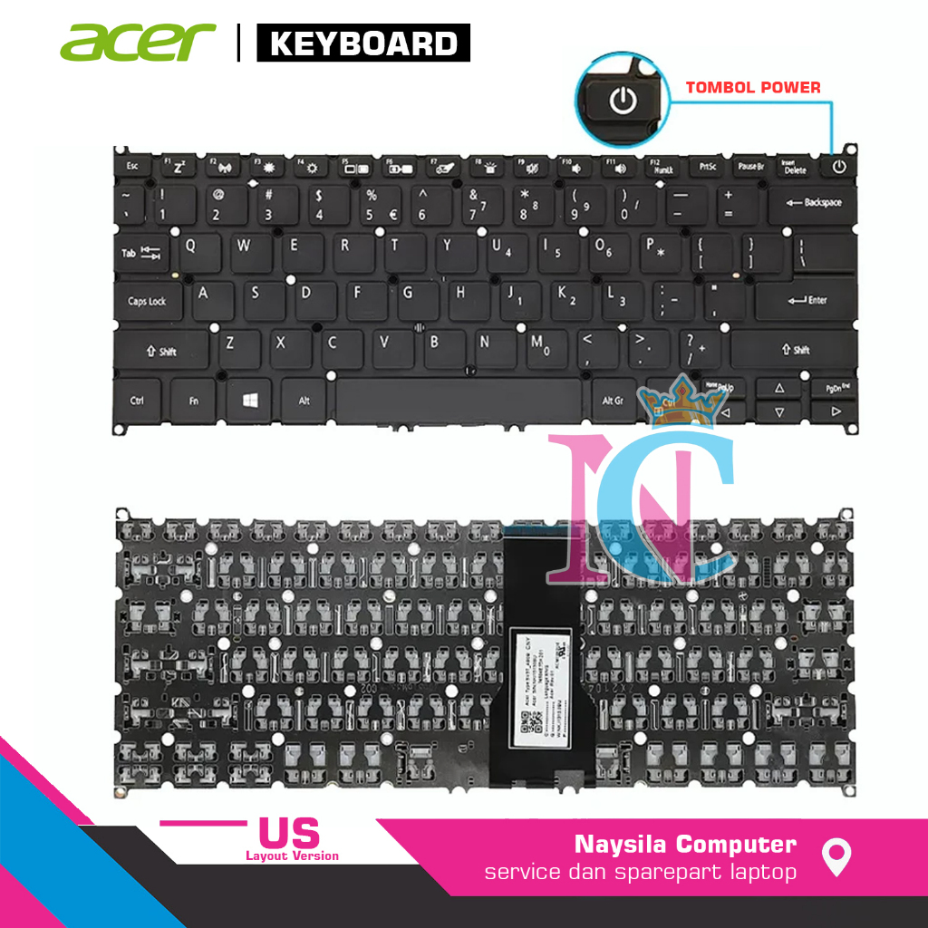 Keyboard Acer Swift 1 SF114-32 SF114-33 SF114-34 (tombol power) non-backlit