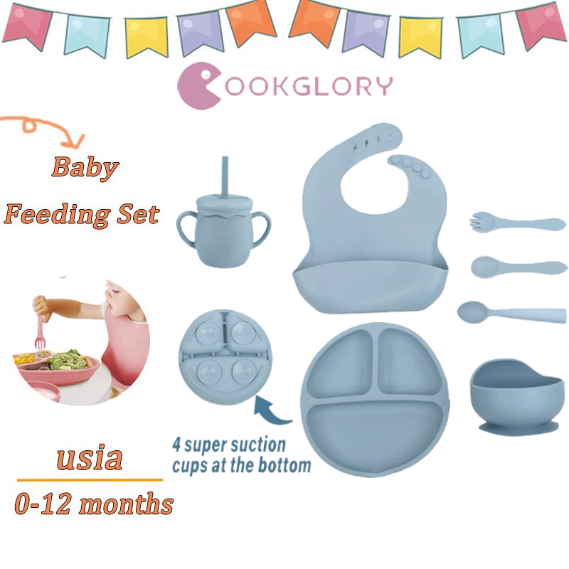 COOKGLORY Set Piring Makan Bayi Silikon - Piring Silikon Bebas BPA & Set Makan Penting