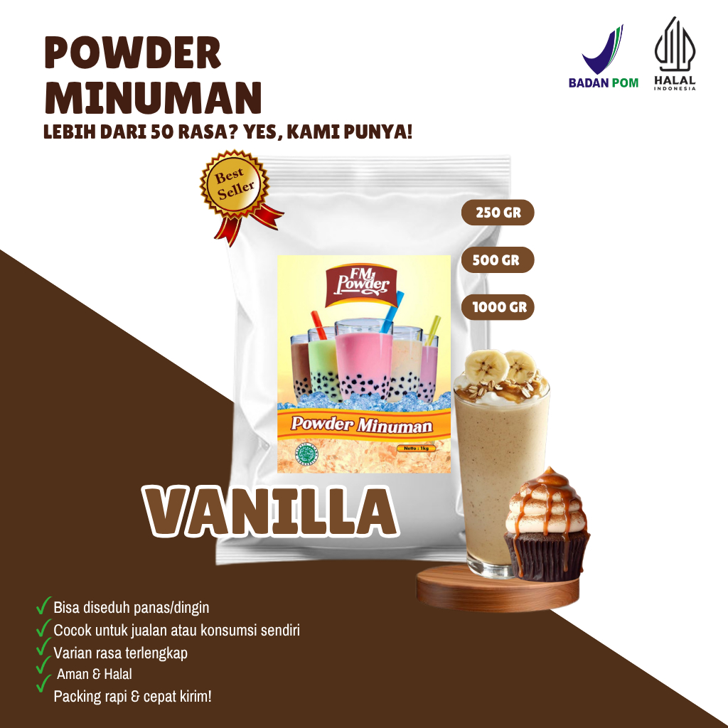 

VANILLA FM Powder Drink - Bubuk Minuman Instan Varian Rasa SUSU Kemasan 500gr dan 1000gr(BPOM&HALAL) Minuman Praktis, Harga Hemat, dan Rasa Fantastis