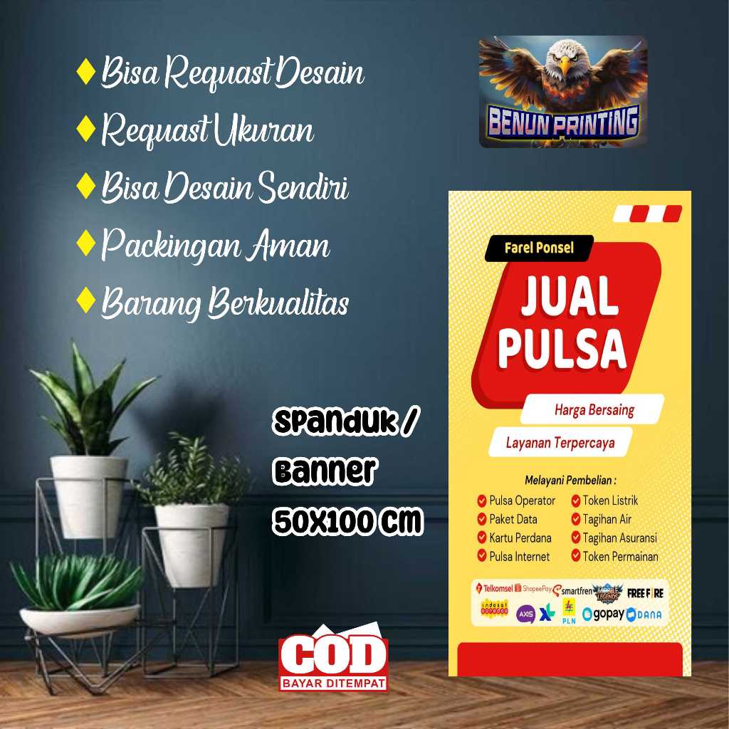 SIZE 50X100  SPANDUK BANNER JUAL PULSA BERDIRI BISA REQUEST DESAINT