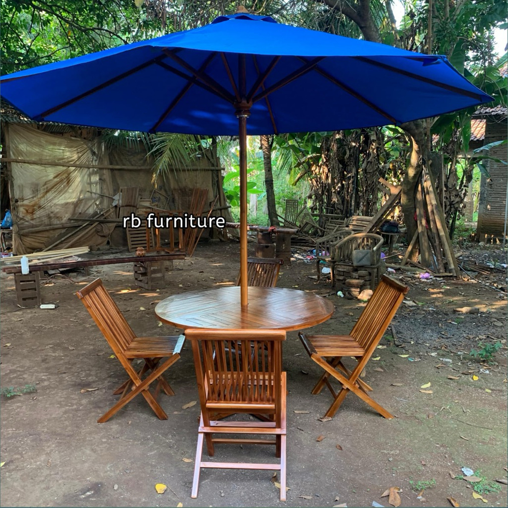 Set meja payung kafe dan taman outdoor kayu jati