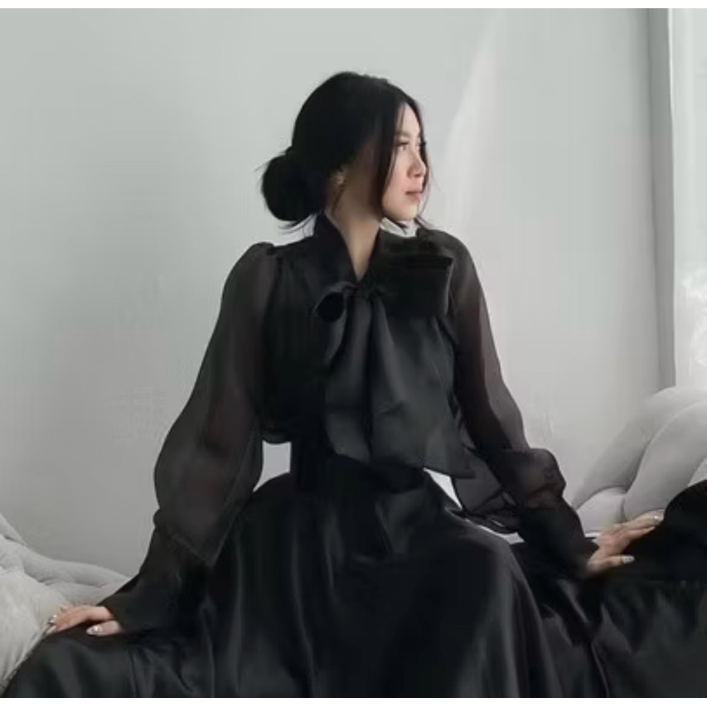 Bow tie pita blouse organza top transparan kemeja