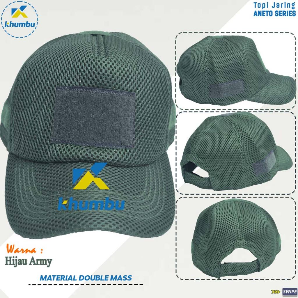 KHUMBU - Topi Jaring ANETO Series Warna HIJAU ARMY - Topi Jaring Lapangan
