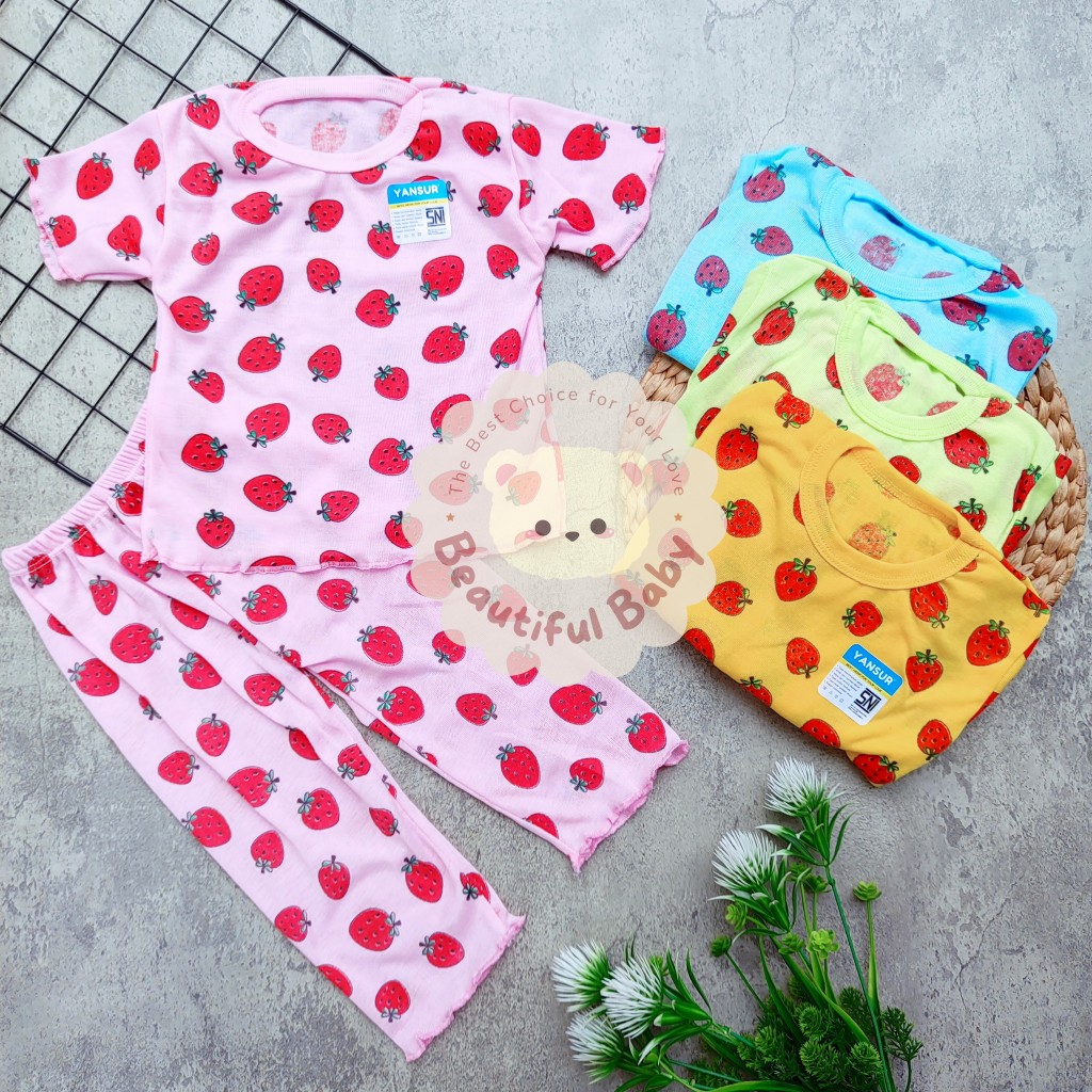 Setelan Piyama Baju Tidur Bayi Perempuan Motif Strawberry Usia 3 sd 12 Bulan Lengan Panjang Celana P