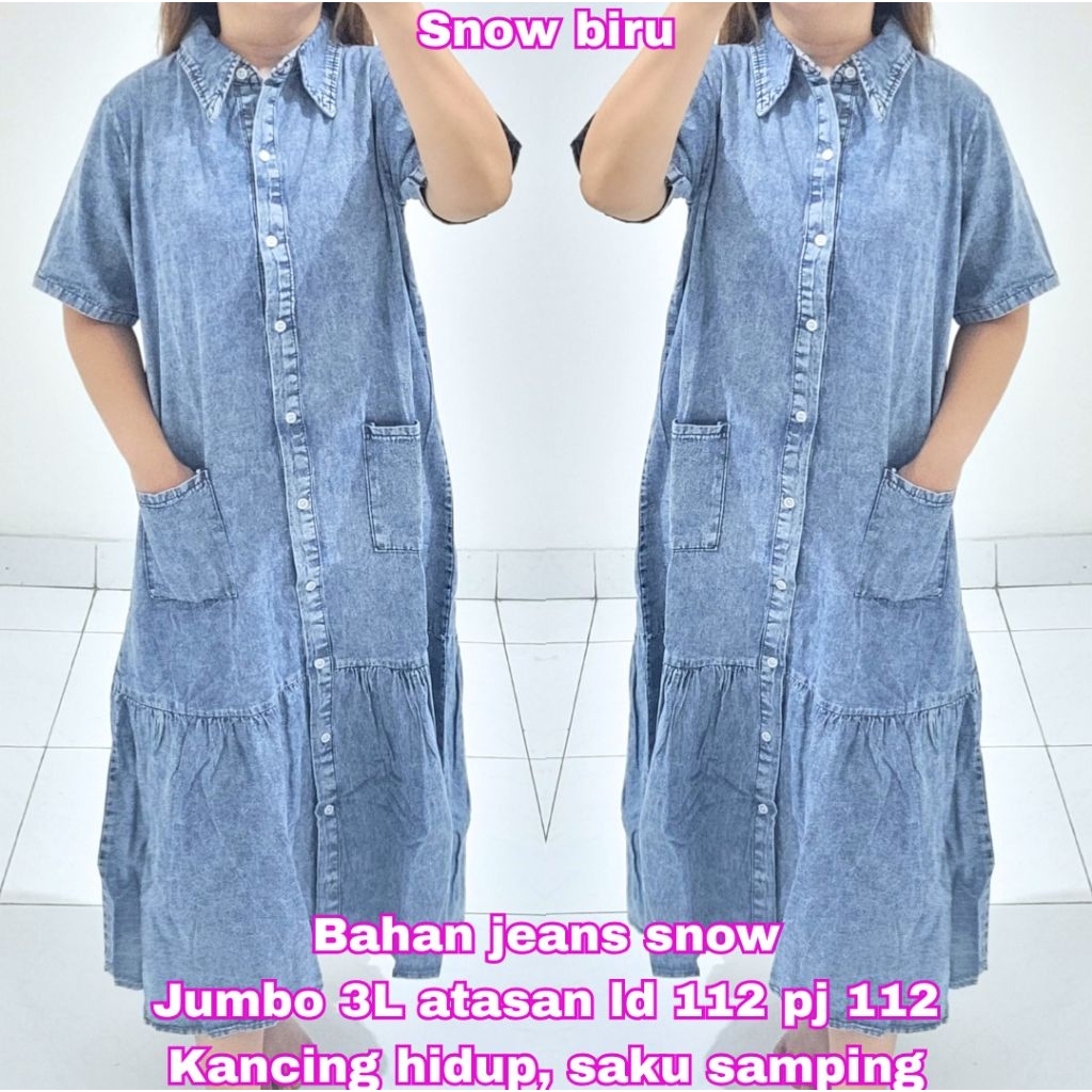 Dress tunik kode 939 model midi rempel bahan jeans snow denim jumbo 3L ld112 pj112, kancing hidup, a