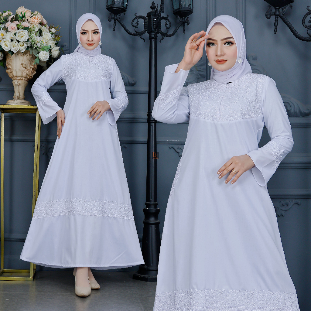 Biyai - Asna Gamis Wanita Muslim Putih Motif Polos Bordir Dada Kantong Dan Bawah Bahan Katun Toyobo 