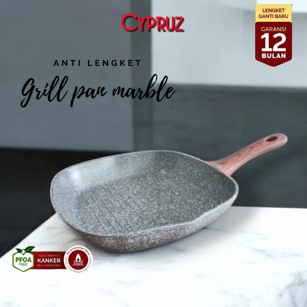Cypruz Grill Pan Marble - Wajan Anti Lengket, Ideal untuk Memasak Steak dan Grill Cocok Semua Kompor