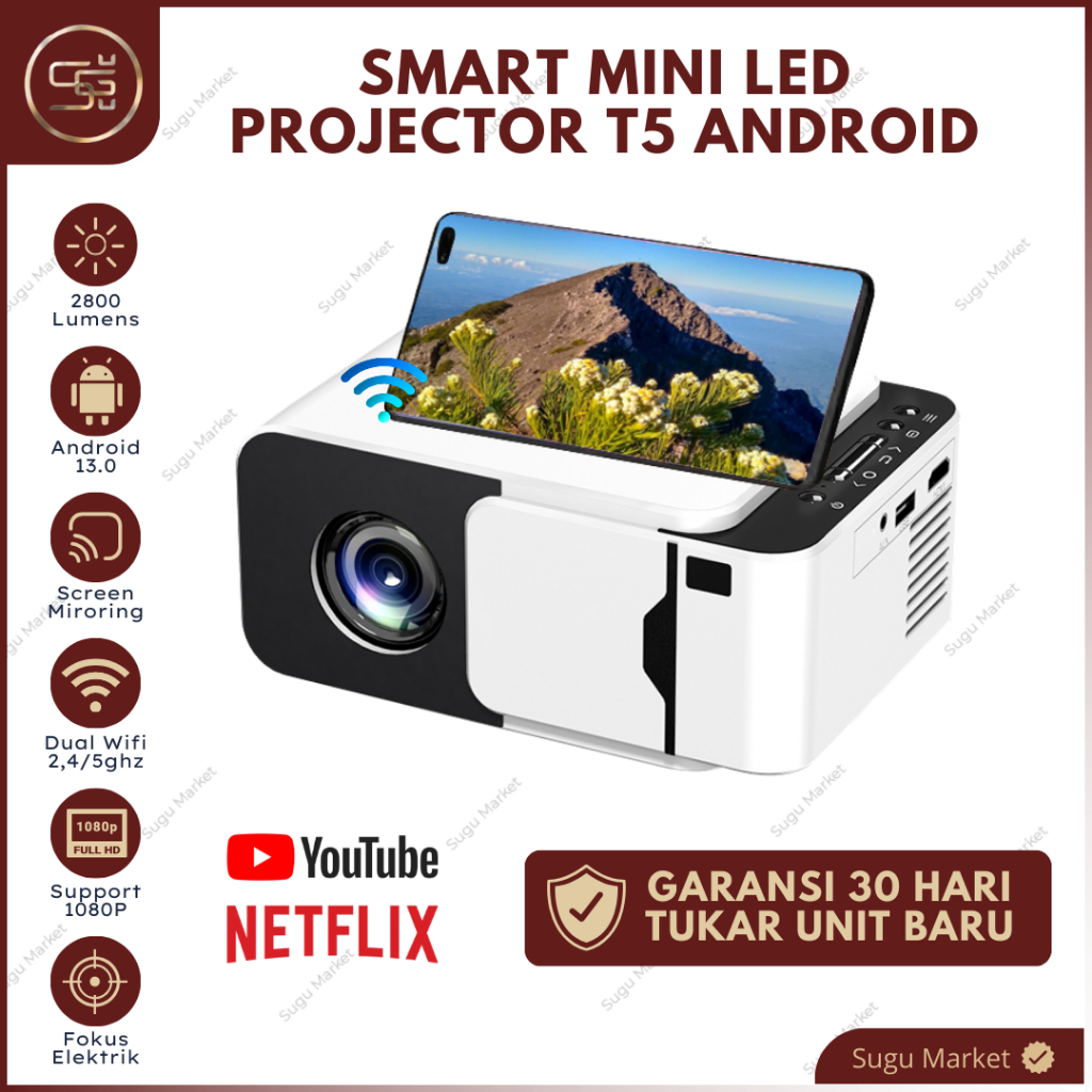 Proyektor T5 Android 13.0 2800 Lumens Ram 1/8GB Support 1080P Proyektor Mini Portable T5 Android