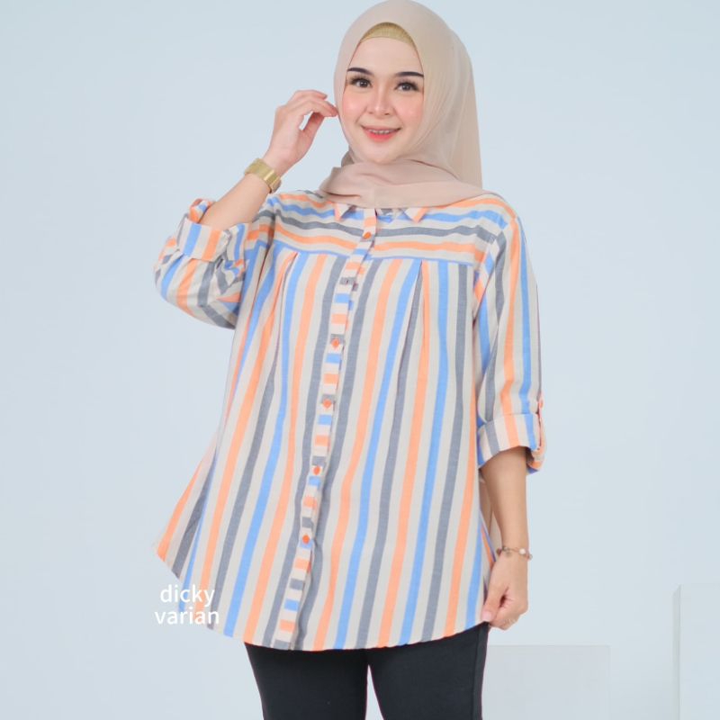 Kemeja Blus Salur Blouse Katun Salur Wanita Kekinian