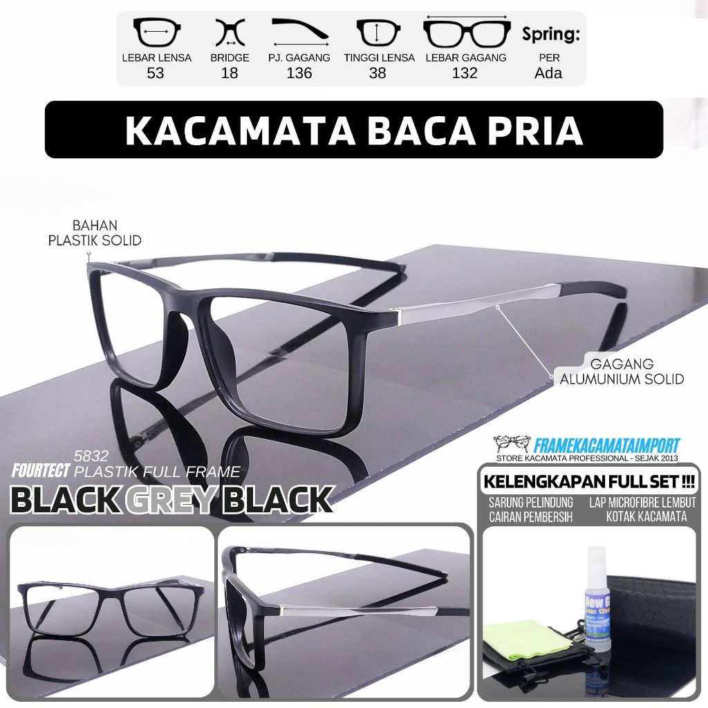 Kacamata Baca Pria Kotak Kasual Sporty Plastik Gagang Besi