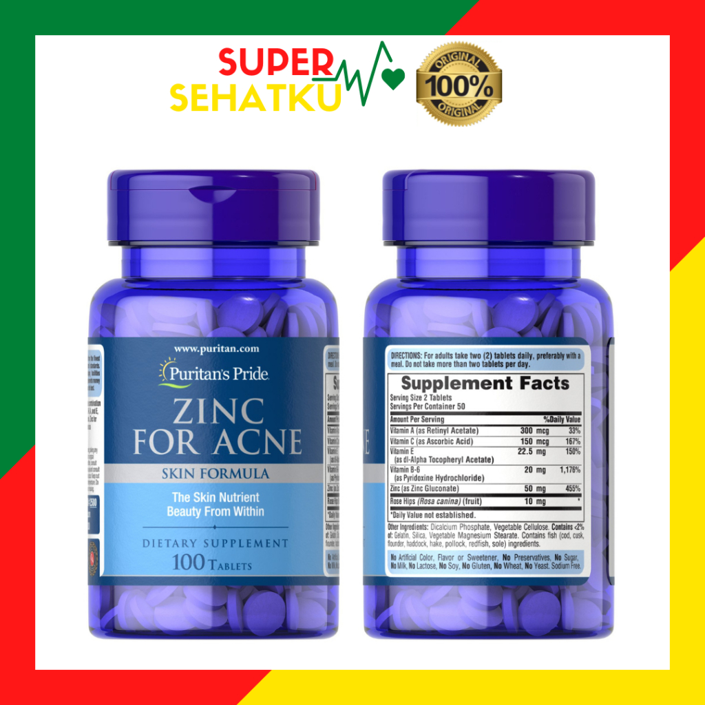 Puritan Pride Zinc for Acne 100 tablet khusus untuk Jerawat ORIGINAL