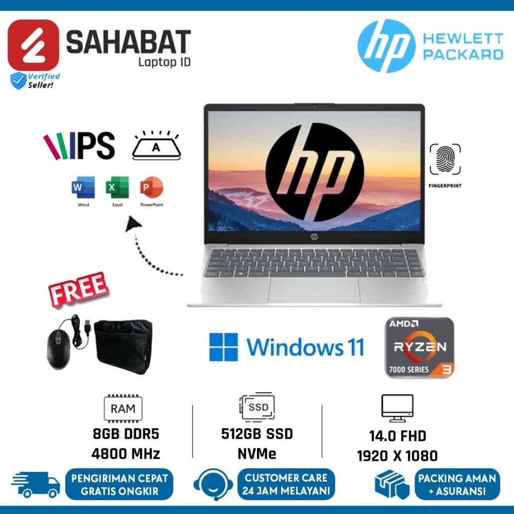 Laptop Gaming Baru Murah Hp 14 Amd ryzen 3 7320u Ram 8gb ddr5 ssd 512gb  Windows 11 original