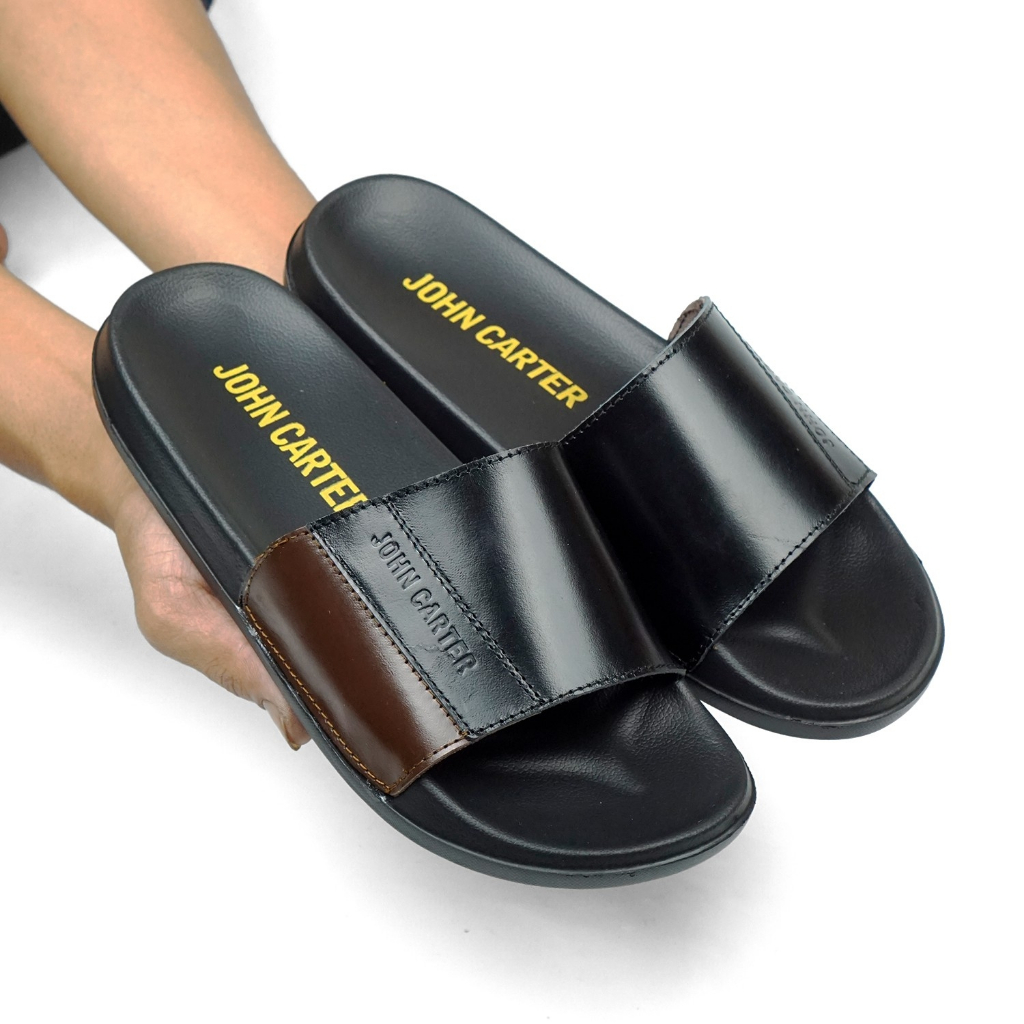 DENNAY Hopee Sandal Slop Pria Hitam Kulit Asli Casual Original Keren Ukuran 36-43