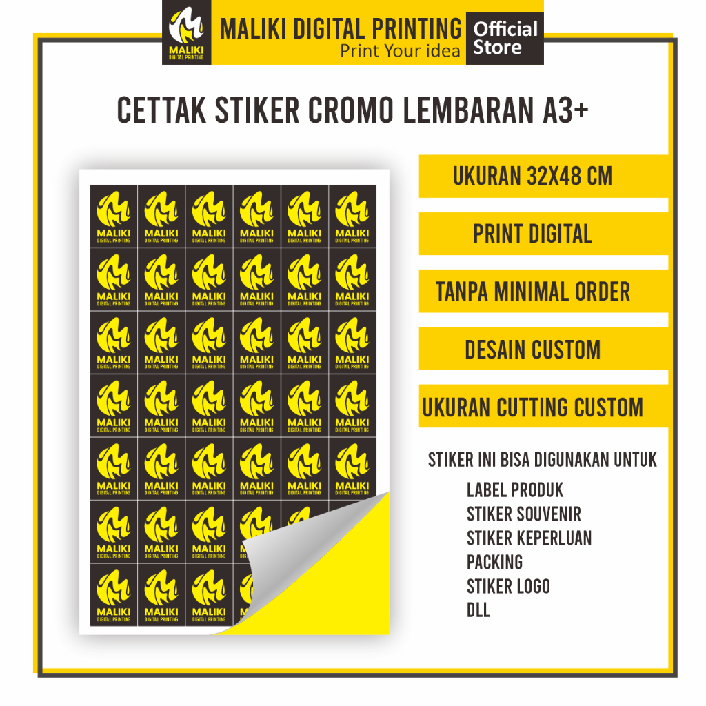 

Maliki Digital Printing - Cetak Stiker Cromo Glossy Custom A3+ 32X48 Cm Free Desain!