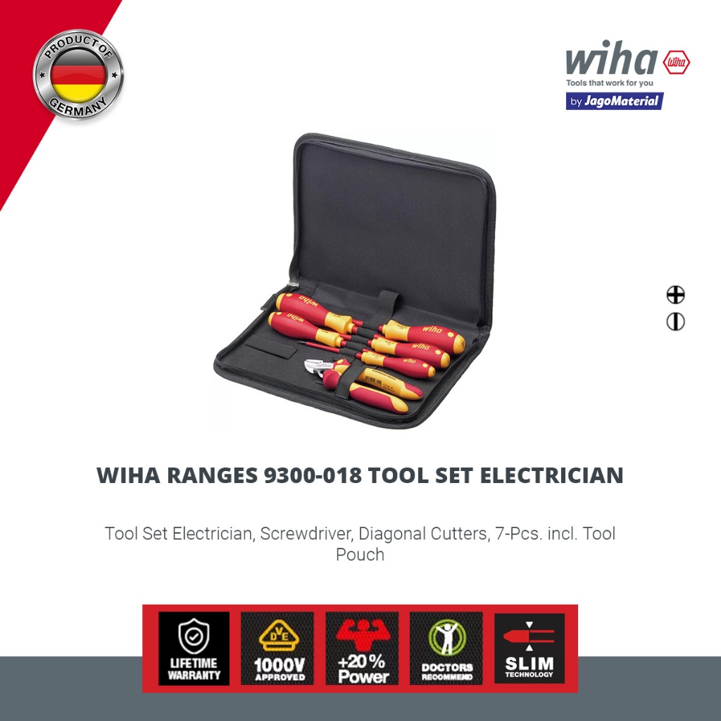 Wiha Insulated Ranges 9300-018 Tool Set Electrician - Obeng & Tang Set Insulasi