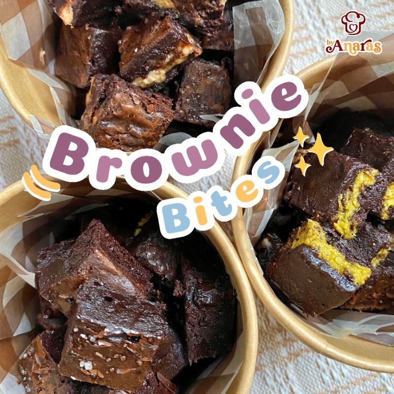 

Fudgy Brownie Bites By Anaras - chewy brownies dark choco sea salt/cheese/peanut butter caramel/pistachio kunafa