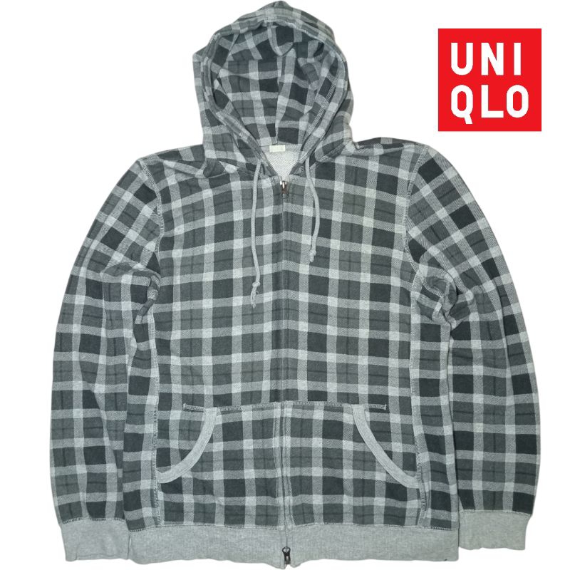 Jaket zipper hoodie global uniqlo GU Unisex Pria Wanita Cewek Cowok Kotak seperti flannel LD 115 Sec