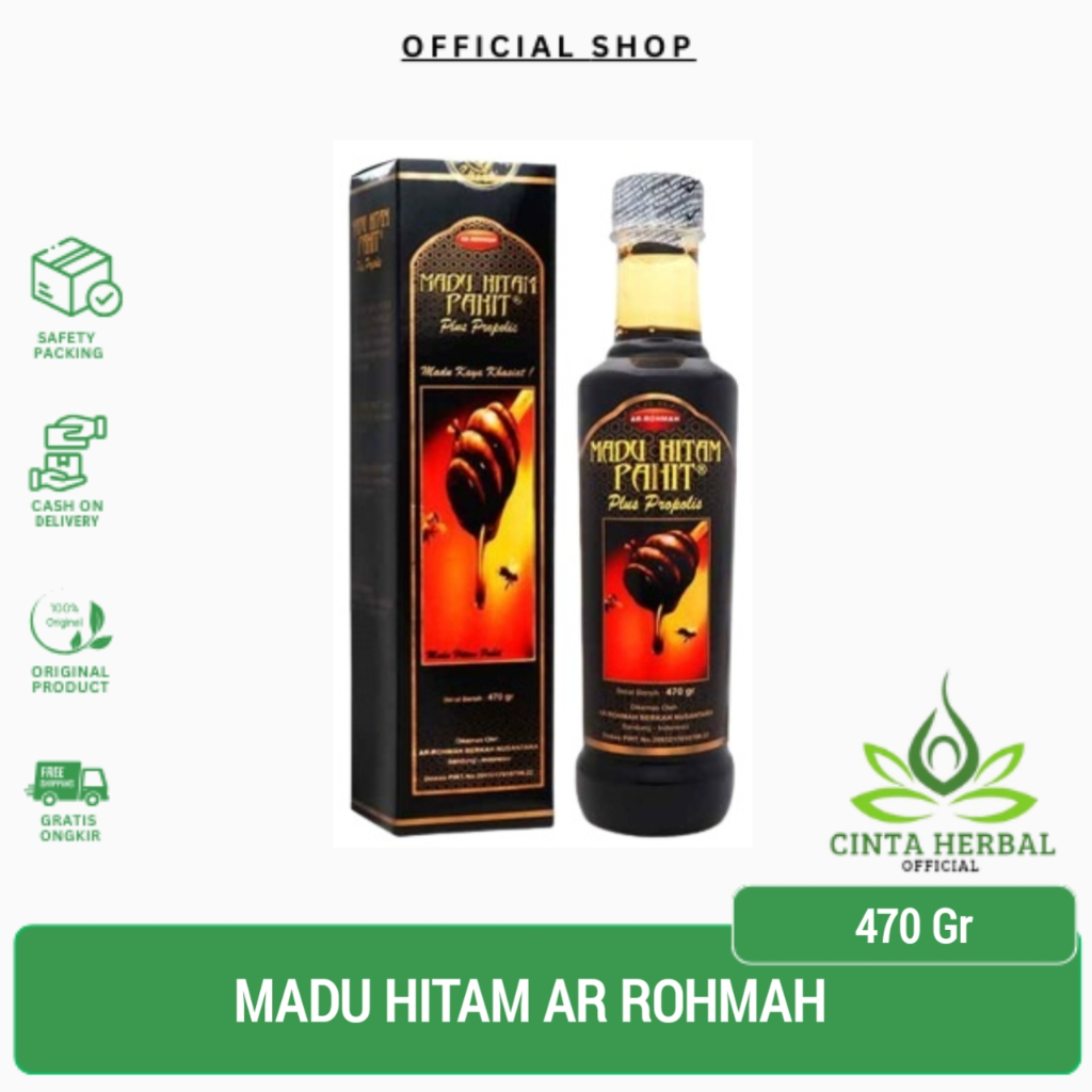 

Madu Hitam Pahit AR-ROHMAH | Arrohmah Madu Plus Propolis | Ratu Lebah Madu Hitam Pahit Plus Ekstrak Propolis & Daun Insulin 470gram