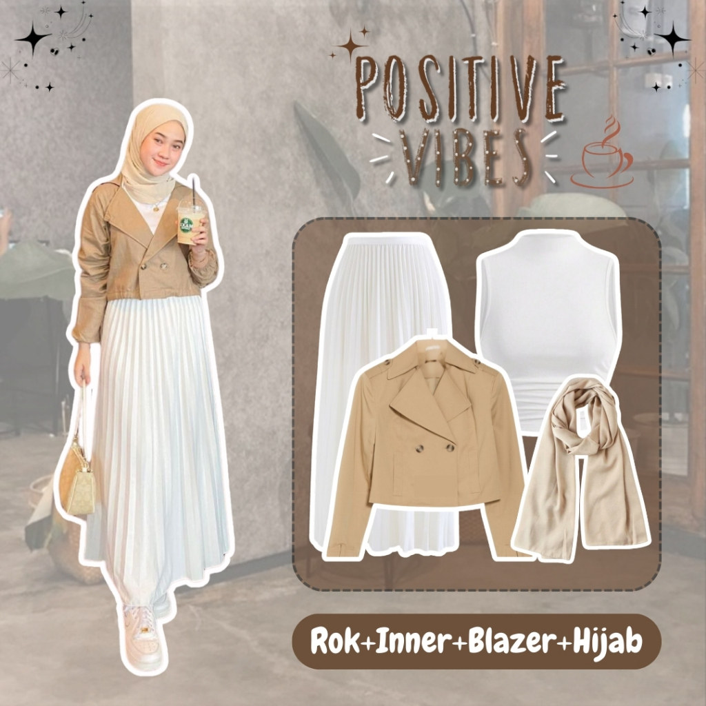 Setelan Wanita Cantik Kekinian 4in1 (Rok Plisket, Blazer, Inner Turtleneck, dan Pashmina) - KH47