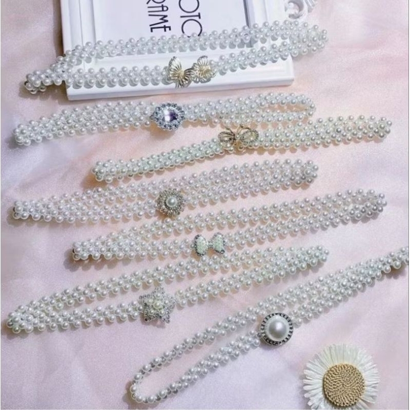 Sabuk dengan Gesper Cantik Ikat Pinggang Mutiara Elastis Pearl - Belt Rantai Slim Model Full Mutiara