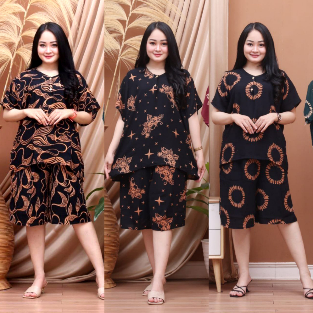 Paket 3pcs Setelan Rayon Jumbo - One Set Wanita Jumbo Busui Bumil Lengan Pendek - Stelan Kulot Kekin