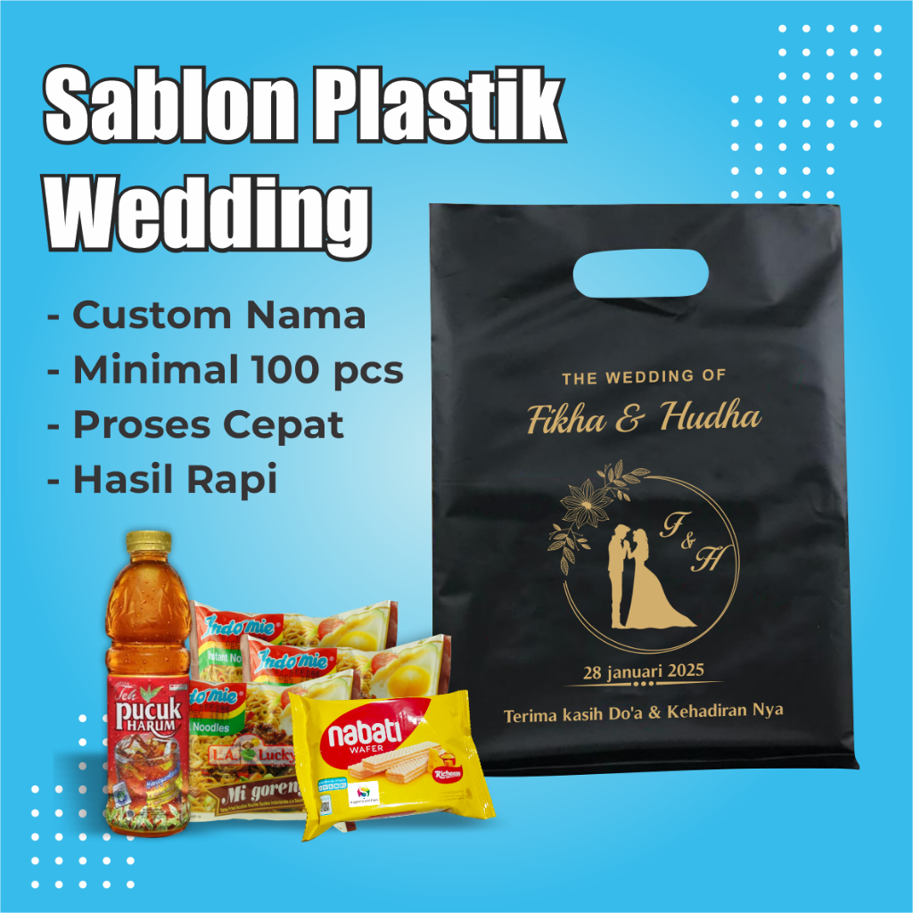 

(Isi 100pcs) Sablon Plastik Wedding Custom, Plastik Pernikahan, Kemasan Souvenir, Plastik Bingkisan, Plastik Hajatan - Size 25 x 35cm