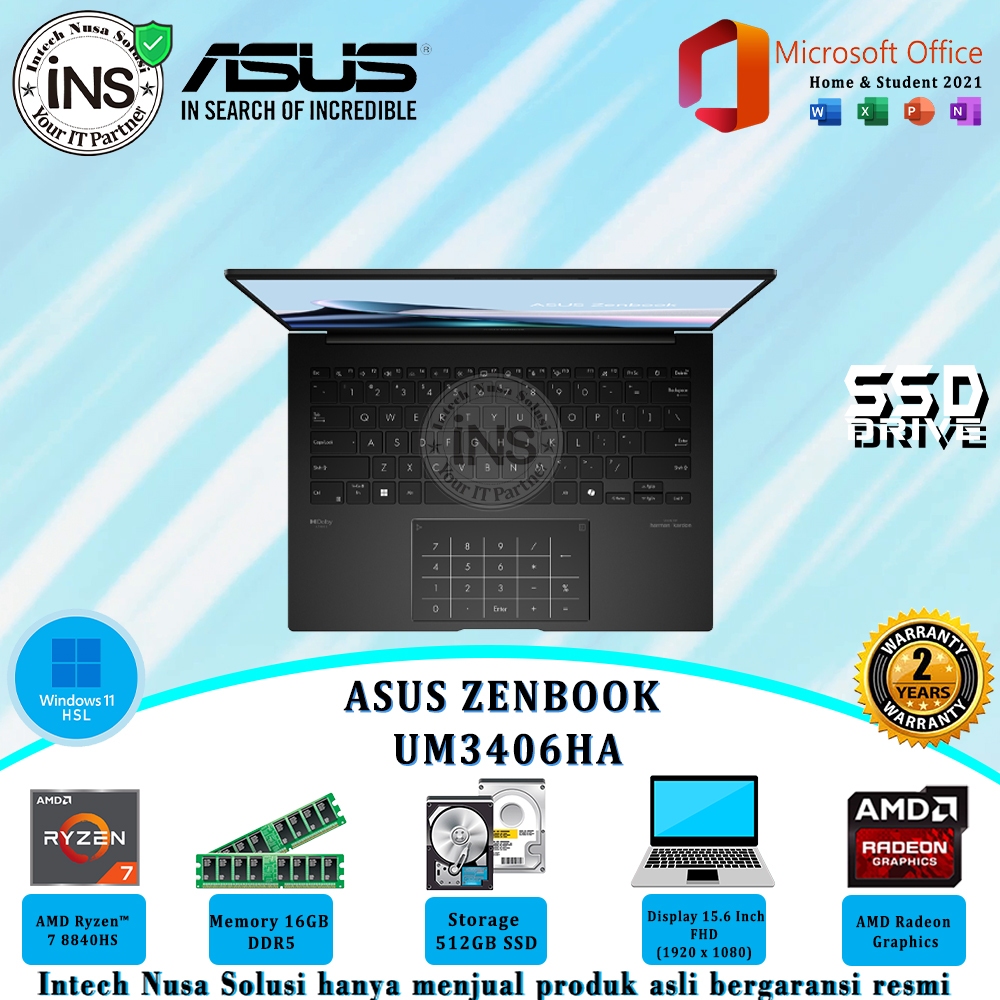 ASUS ZENBOOK UM3406HA Ryzen 7 8840HS 16GB 512GB SSD WIN11HSL/OHS2021 2Yr
