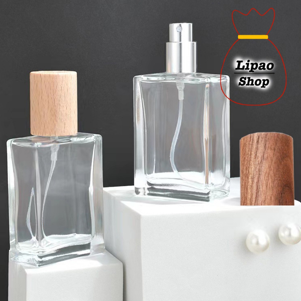 Botol 30ml Spray Kaca Tebal Transparan Tutup Kayu, Model Kotak Herms Untuk Isi Ulang Parfum - Drat /