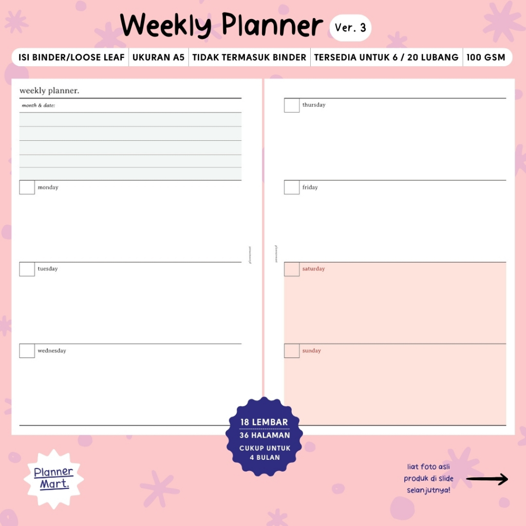 

Isi Binder A5 | Weekly Planner #3 (Horizontal)