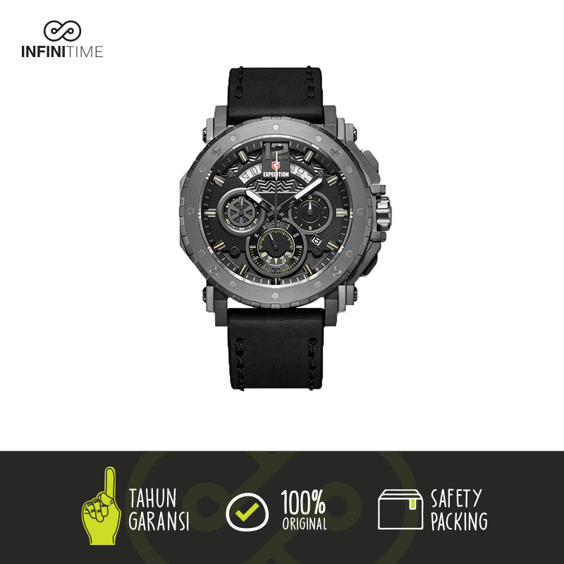 Jam Tangan Expedition E6402 E 6402 Black Grey Pria Leather