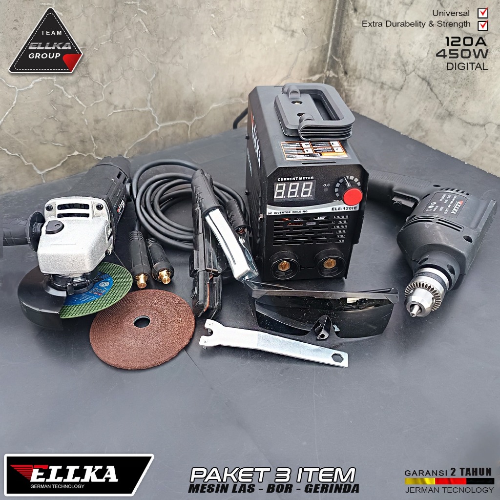 PROMO PAKET (3in1) Mesin Las Listrik 450 watt MMA 120A IGBT 450 watt + Mesin Gerinda 4inch + Bor 10m
