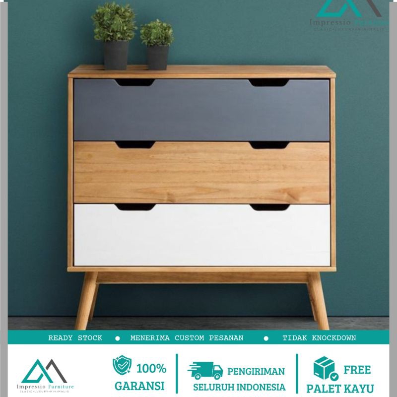 chest drawer minimalis lemari laci 3 susun warna abu,serat kayu,putih