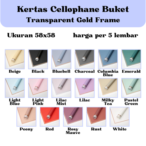 

[5 LEMBAR] Kertas Cellophane Kertas Buket Bunga (Transparent Gold Frame) Flower Wrapping Paper Celophane / Chellophane Murah untuk Snack Uang