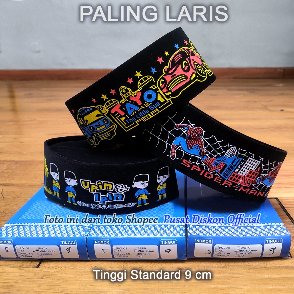 Peci Songkok Kopiah Anak Motif Tayo Karakter Hitam Polos