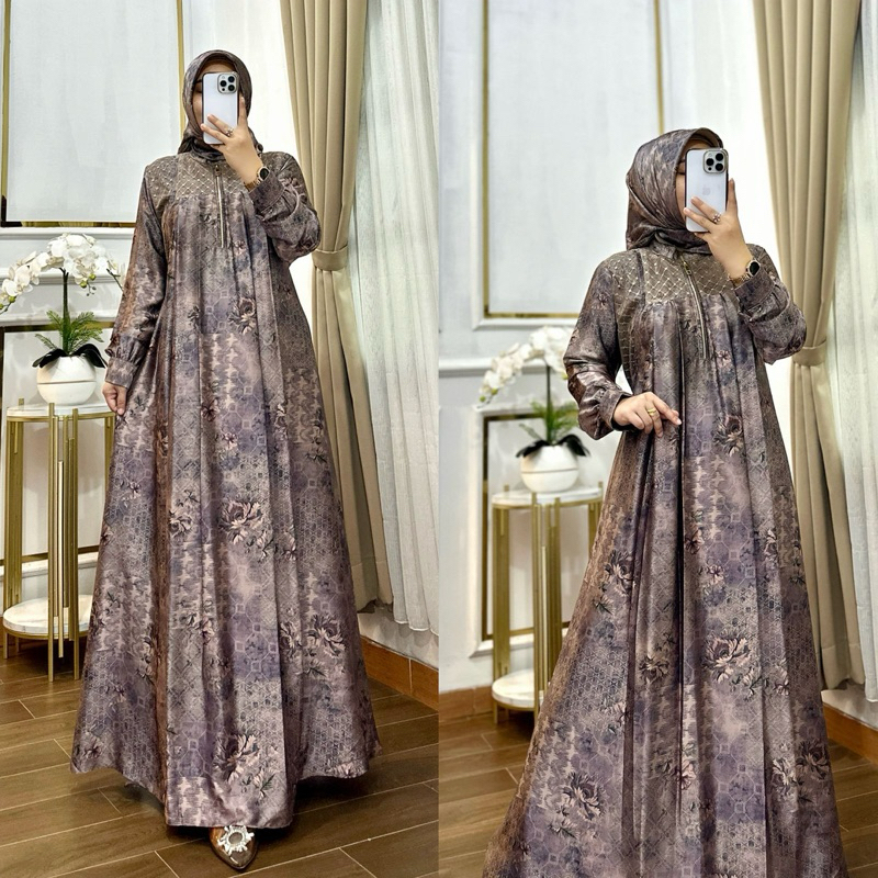 Gamis Armany Silk Saten Motif Bunga Kembang Abaya Dress Muslim Wanita Set Hijab Bahan Super Soft