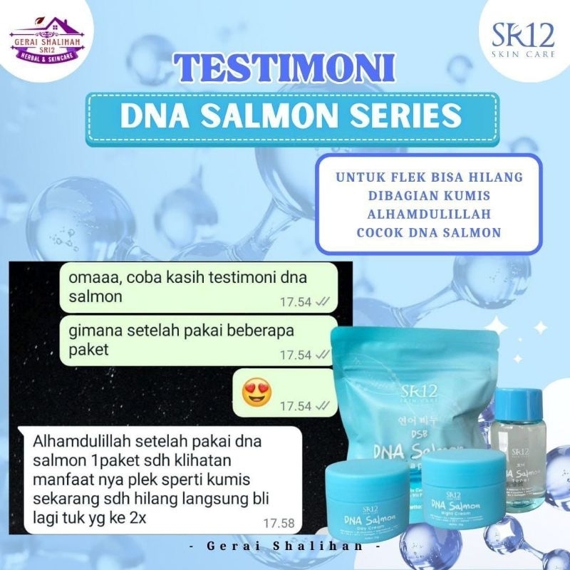 DNA Salmon PackageTerdiri Dari :Bar Soap DNA Salmon 60grToner DNA Salmon 70mlDay Cream DNA Salmon 12