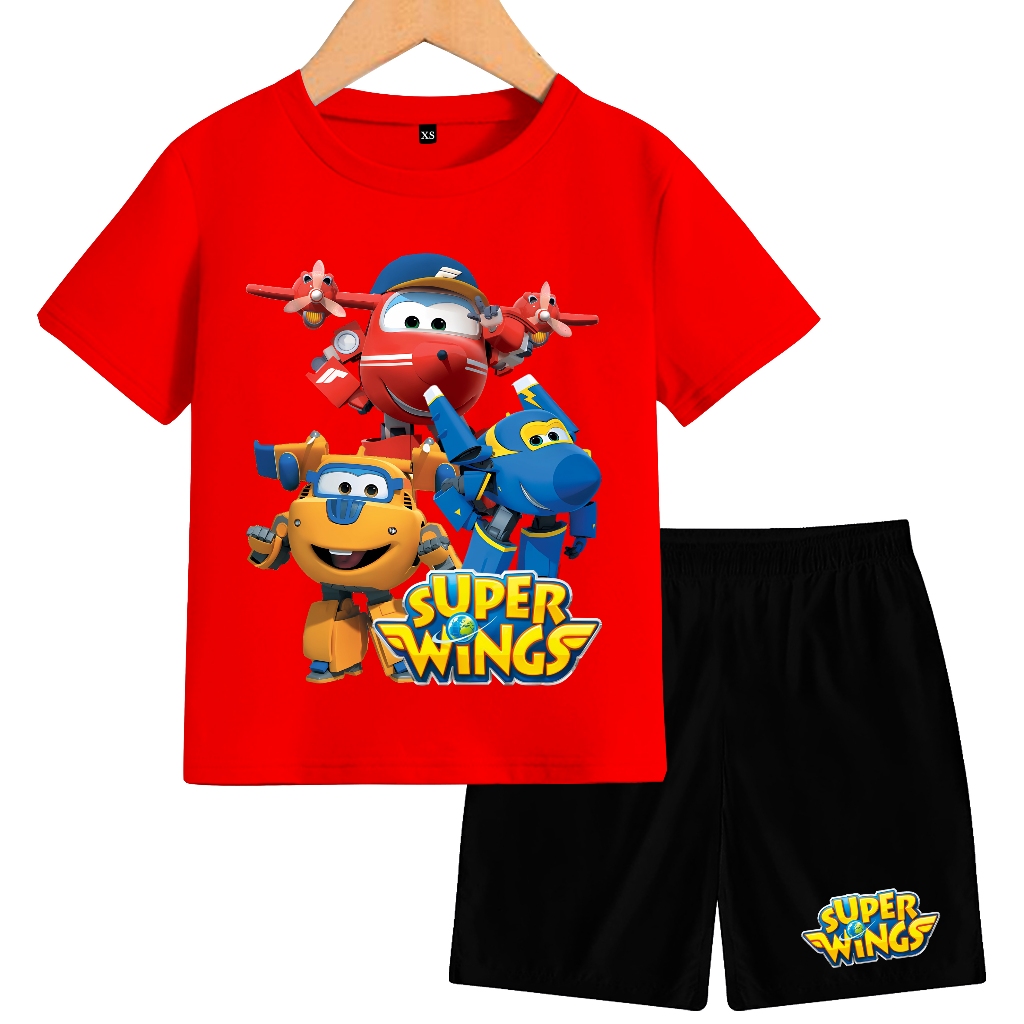 setelan anak lengan pendek motif super wings unisex