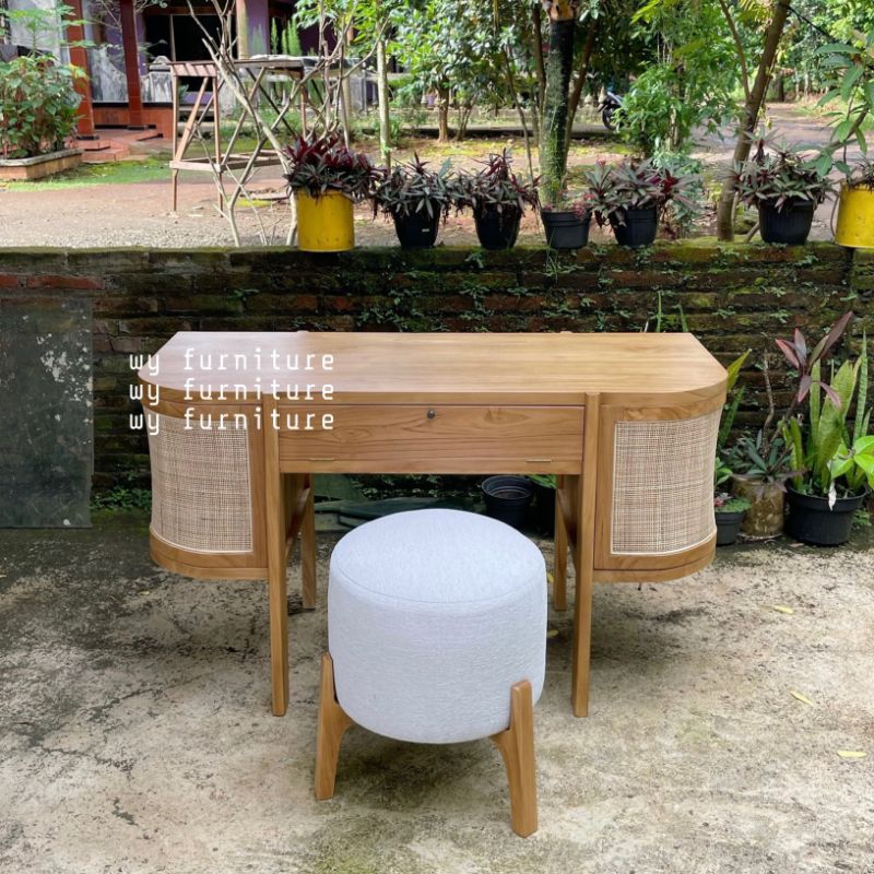 Meja belajar kayu jati kombinasi rotan - meja kerja kayu jati
