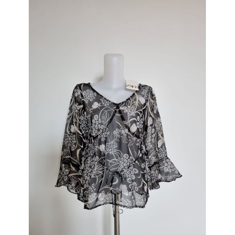 Blouse Zara sifon wanita / baju fashion wanita bunga hitam dan polos atasan