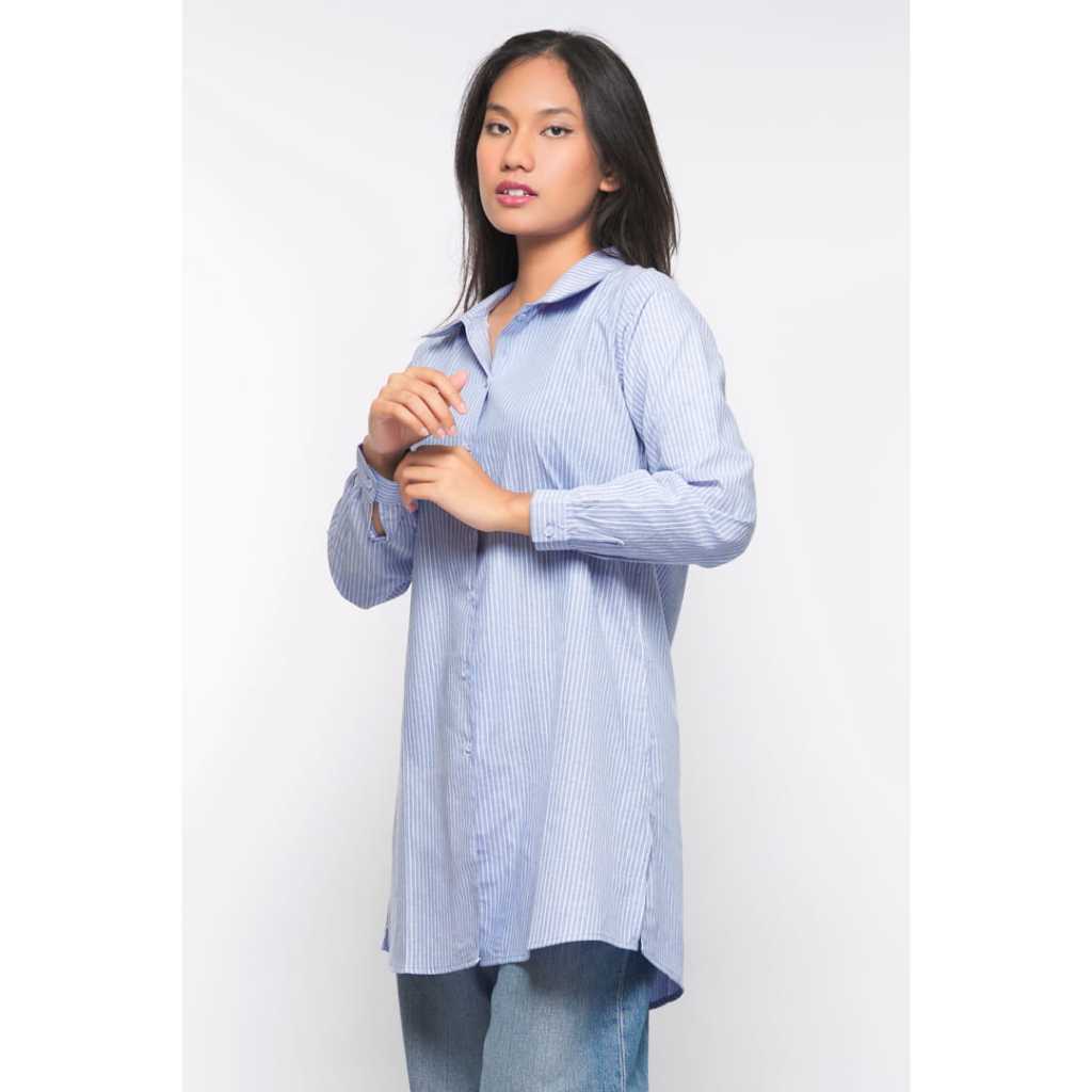 Beamish Tunik Kemeja Wanita Garis Atasan Kekinian Stripe Lengan Panjang T 3241209 | Abu, Biru Muda