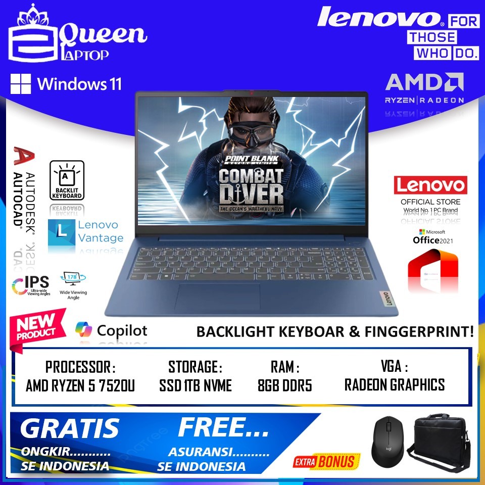 Laptop Gaming Lenovo Ideapad Slim 3 15 AMD Ryzen 5 7520U 8GB 1TB 15.6 FHD Win11 original