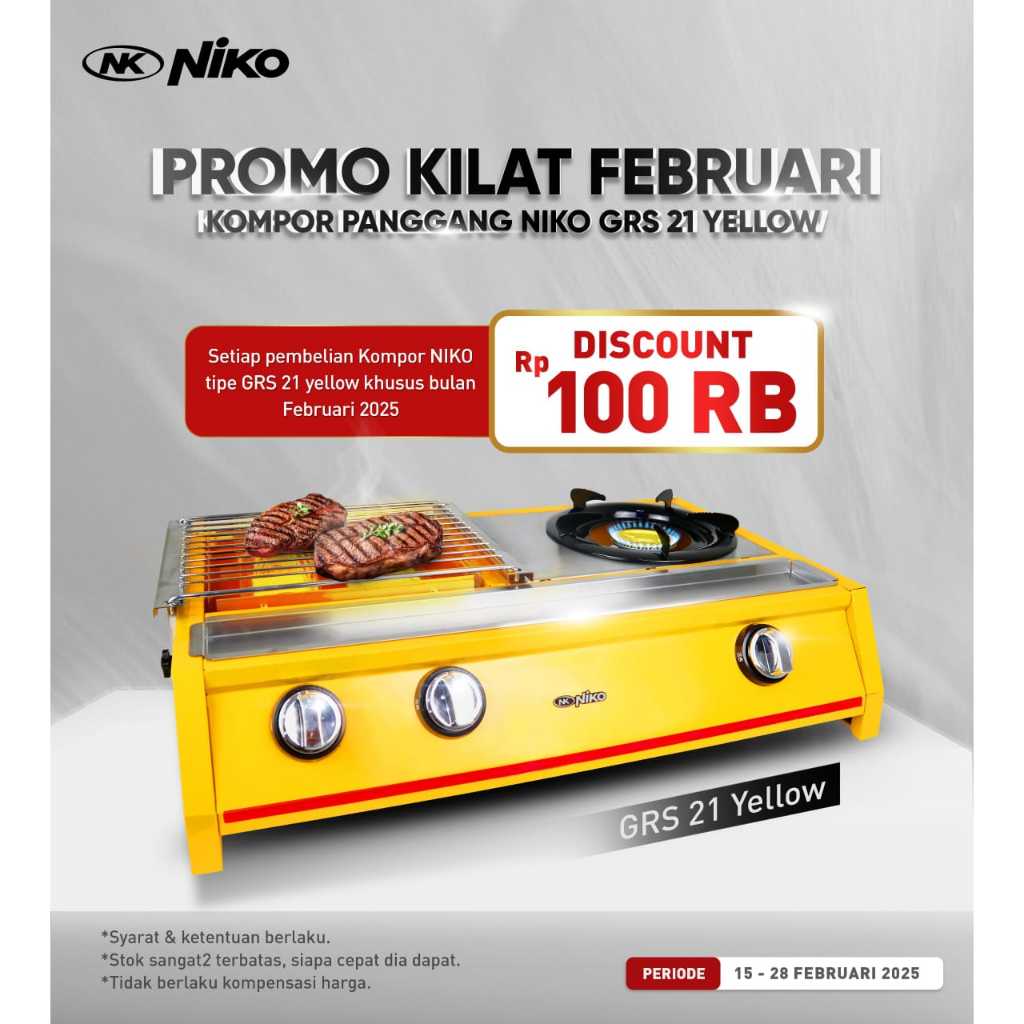 Kompor Niko NK-GRS21 Warna Kuning / NK GRS 21 / KOMPOR 2 IN 1 GRILL STOVE /NKGRS21/ NK-GRS 21